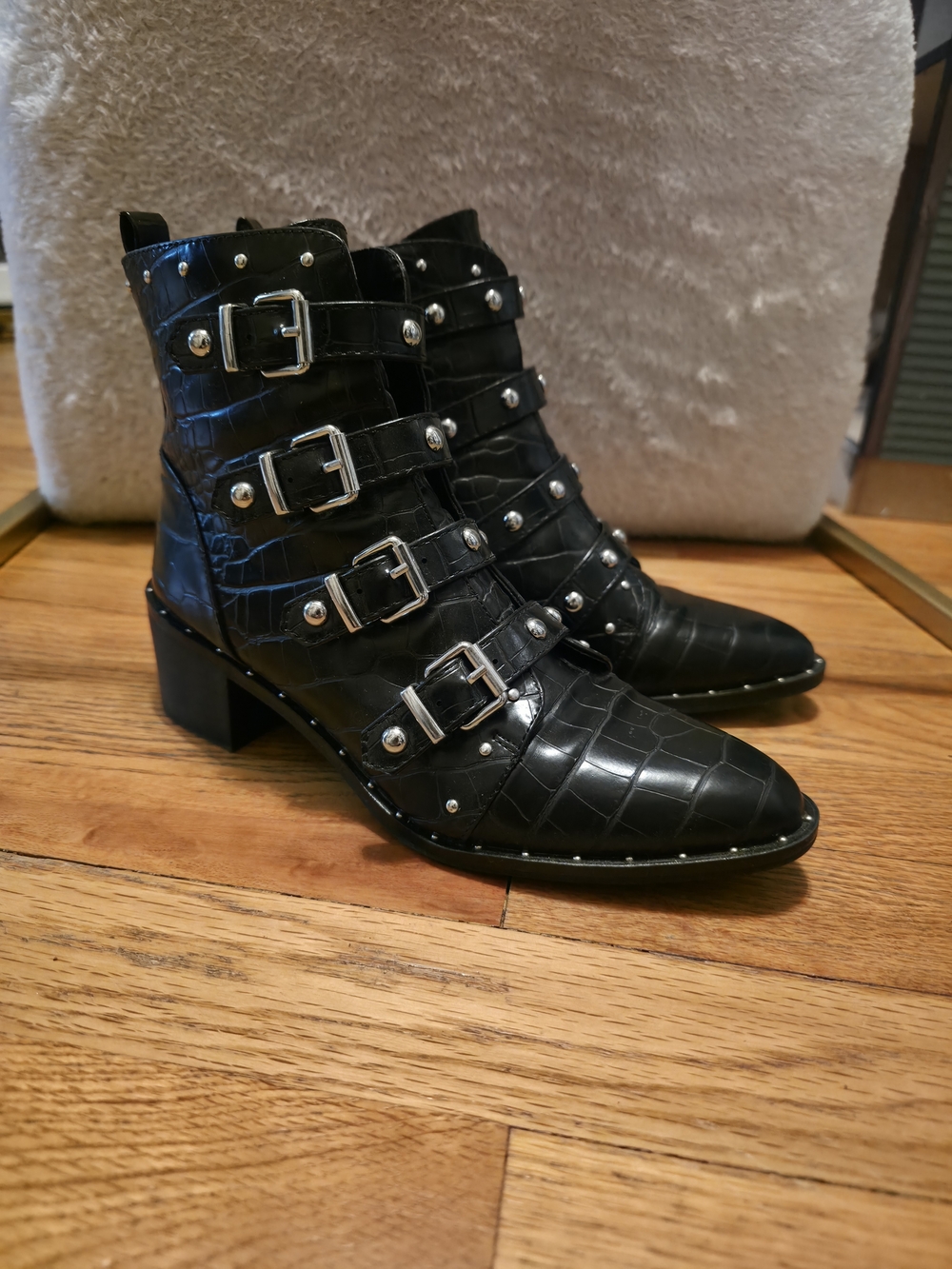Croc-Embossed Buckle Ankle Boots - Black